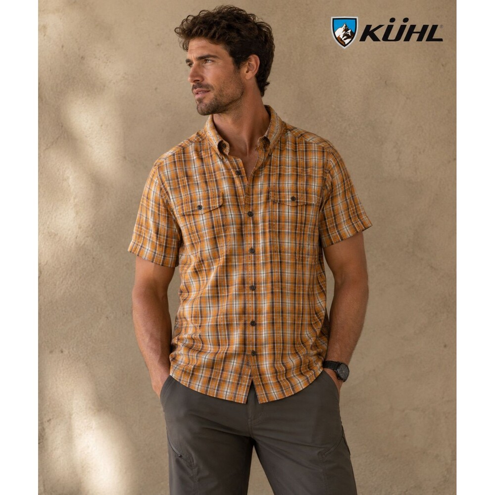 KÜHL Mens Short Sleeve Plaid Button Front Shirt Size M Cotton Linen Blend Hiking